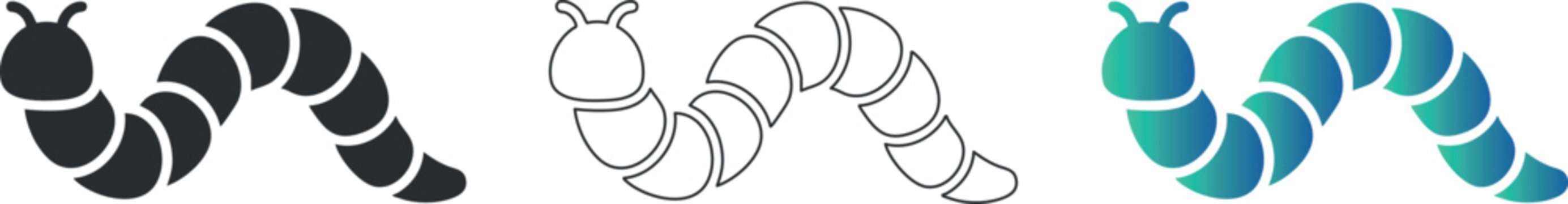 Colorful caterpillar icons: silhouette, outline, gradient styles for nature designs
