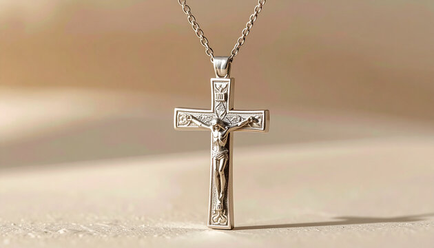 Silver crucifix pendant necklace on beige surface religious symbol
