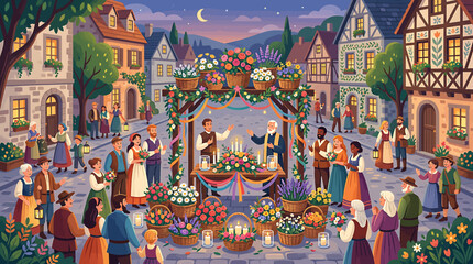 Traditional European Village Festival with People Celebrating in a Flower Decorated Town Square at Twilight. © Bintang