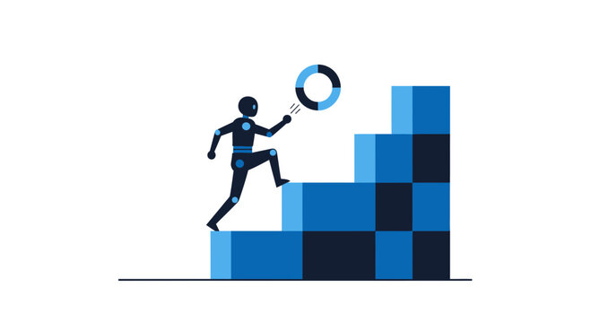 Person climbing blue staircase with clock icon above.