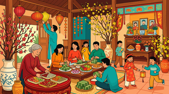 Vietnamese family celebrating Lunar New Year Tet holiday with traditional food and decorations.