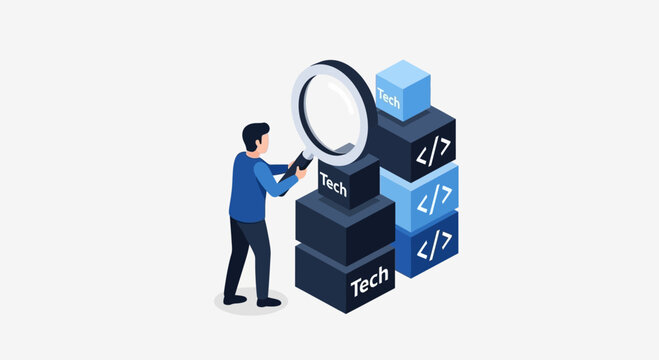 Developer examining code blocks with magnifying glass illustration.