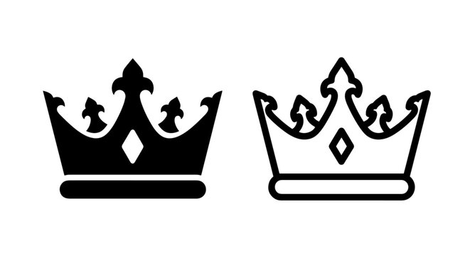 Stylized crown icons solid and outline pair with silhouette, monarchy