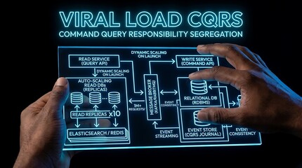 Fototapeta premium Hands Interacting with a Holographic Diagram of Viral Load CQRS System Architecture.