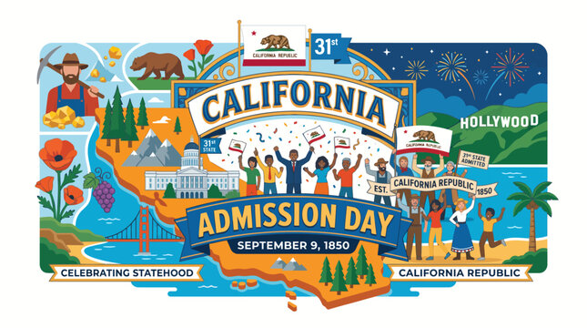 Colorful California Admission Day vector illustration celebrating stat