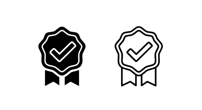 Award medal with ribbon icon set in black solid and outline style