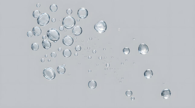 Water droplets, clear bubbles, liquid spheres, on gray background