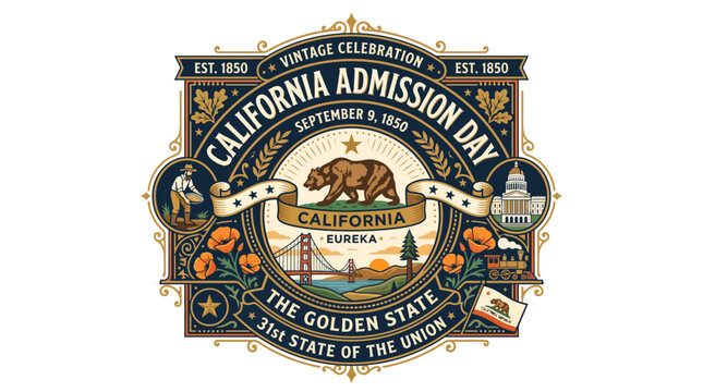 Retro California Admission Day graphic seal featuring grizzly bear gol
