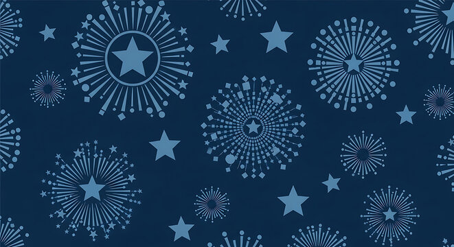 Seamless festive pattern featuring fireworks and star shapes on dark blue background fireworks seamless celebration background wallpaper abstract decorative repeating nighttime