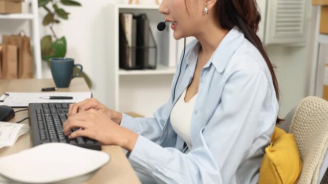 Telemarketing, service, communication, ecommerce, seller or small business owner using headset talking with customer, trying to keep business active despite weak sales, low demand, frustration.
