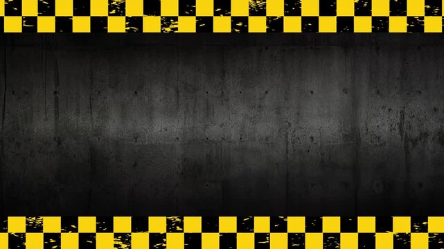Looping Industrial Checker Safety Border Animation with Black Yellow Block Pattern on Dark Metal Background 4K 60 fps