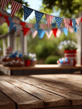Patriotic Labor Day background with American flag bunting and rustic wooden table