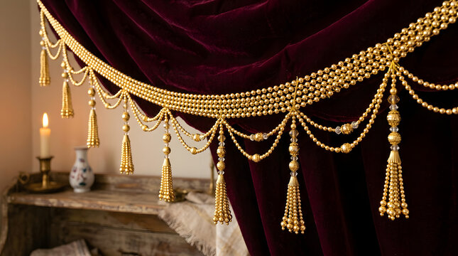 Luxurious velvet curtain, gold tassel trim, elegant home decor, interior design element