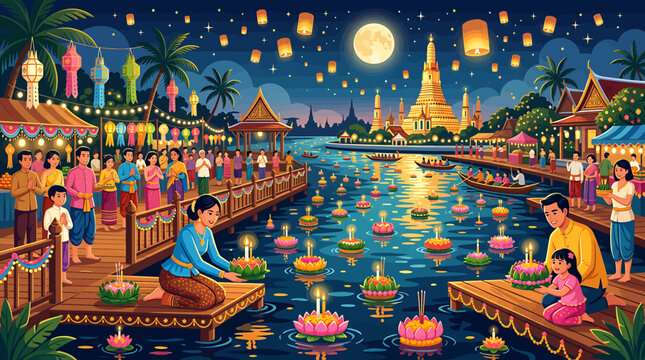Traditional Thai Loy Krathong Festival Celebration with Floating Lanterns and Temple at Night.