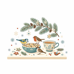 Winter bird feeding scene with robin and titmouse near tea cup and pine branch. © Bintang