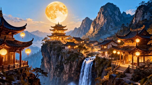 Traditional Asian temple complex by waterfall