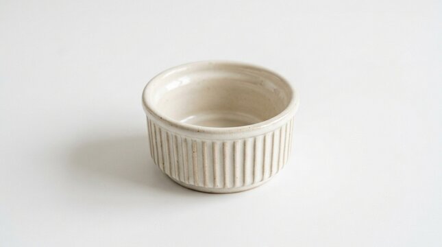 Small white ceramic ramekin on plain background