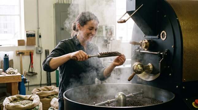 A smiling female artisan holding a scoop of freshly roasted coffee beans over a large smoking roaster machine.
