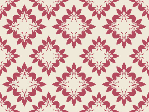 Elegant seamless damask pattern in modern vintage style. Featuring geometric diamond-shaped floral and leaf motifs in rich burgundy red over a soft cream beige background. 