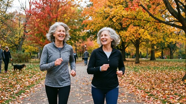 Two cheerful senior women laughing while jogging together on a leaf-covered pathway in a vibrant autumn park.
