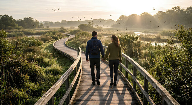 Couple holding hands walking on a winding wooden boardwalk through a serene wetland at golden hour with birds flying.