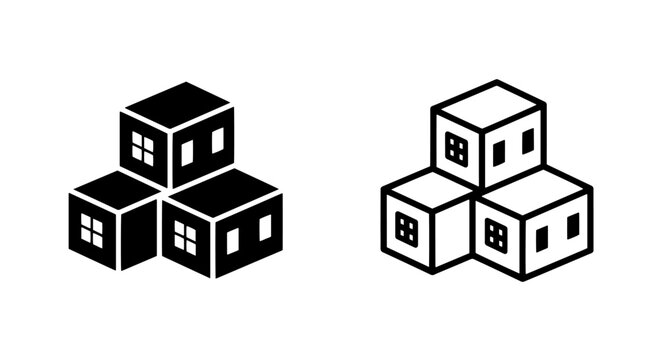 Set of cubical building icons in solid and outline style with building