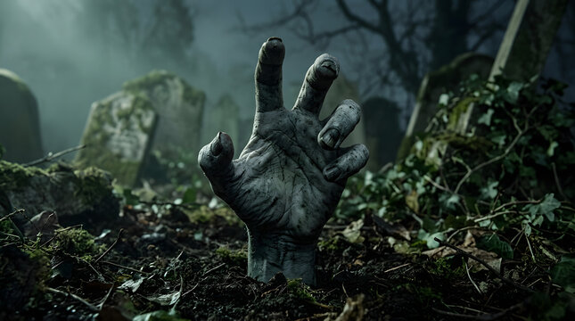 Zombie hand, undead, graveyard, horror, monster, creepy, foggy atmosphere, Halloween