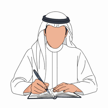 Vector Illustration of Arab Man in Traditional Thobe Writing in Notebook with Pen