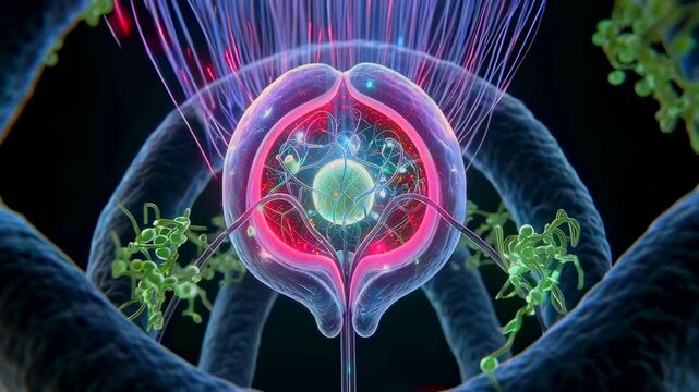 vivid synapse releasing neurotransmitters across cleft with axon and dendrite activity highlighted neuroscientist reviews synaptic firing and network connectivity in neurotech simulation