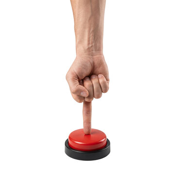 Hand pressing a red button, isolated on white background, decision making, action concept