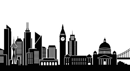 Obraz premium Black and White Silhouette Cityscape with Iconic Tower and Modern Skyscrapers