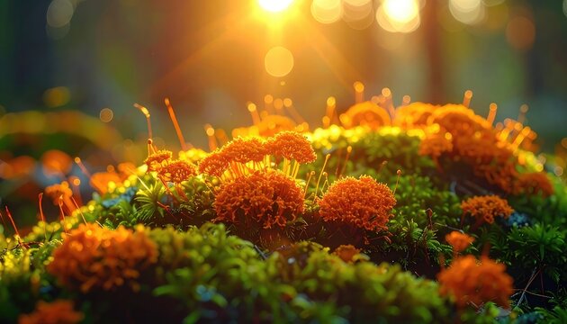 Macro shot of vibrant orange moss spores bathed in golden hour sunlight.