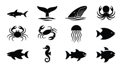 Clean minimalist vector icons of marine life featuring sharks whales crabs © Somiran