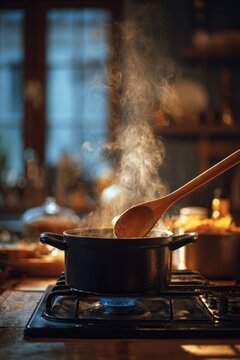 Pot simmers on the stove while steam rises and a wooden spoon stirs contents in a cozy kitchen setting during evening hours