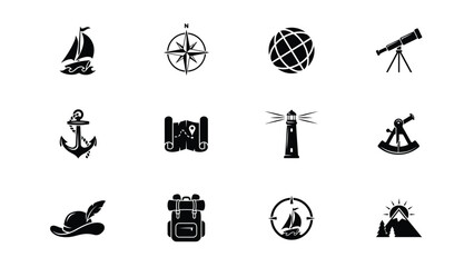 Minimalist black and white iconset showcasing adventure exploration © Somiran