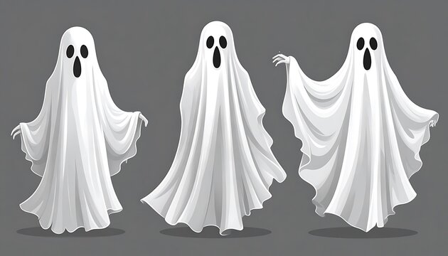 Three stylized ghosts with pixelated textures, simple cartoon style, conveying a playful and slightly spooky Halloween atmosphere, isolated on a neutral grey background