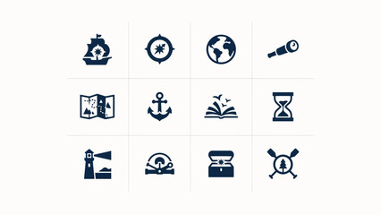 Minimalist travel adventure icon bundle showcasing exploration discovery and maritime themes for website © Somiran
