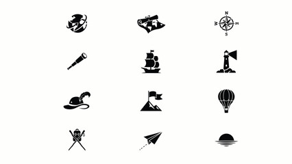 Minimalist black and white travel adventure icons set showcasing exploration and discovery themes for branding © Somiran