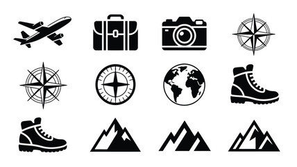 Modern black and white travel adventure icons showcasing hiking boots camera suitcase airplane and compass for exploration themes © Somiran