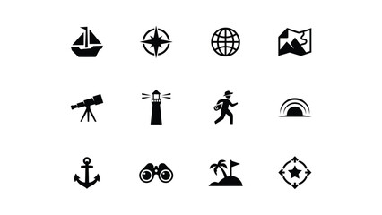 Minimalist travel adventure icon set showcasing exploration themes with sailboat compass globe © Somiran