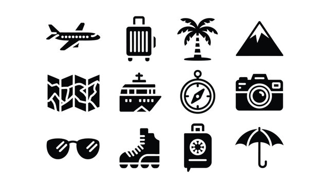 Modern black and white vector icons showcasing diverse travel essentials and adventures in a minimalist style
