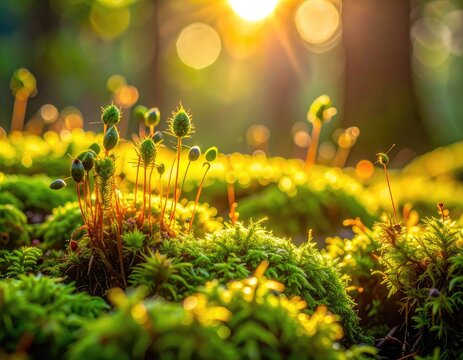 Close-up of moss and spore capsules illuminated by warm sunlight.
