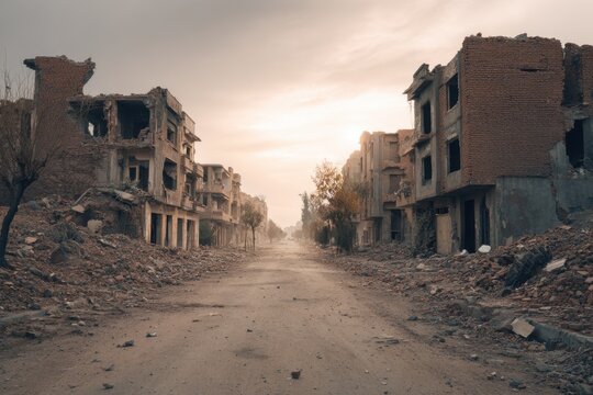 Damaged urban residential area shows destruction and desolation after conflict in a city during sunset with debris scattered across the street