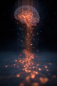Concept of a brain interface showing neural signals flowing from the brain to the surrounding space and creating light effects in a dark setting
