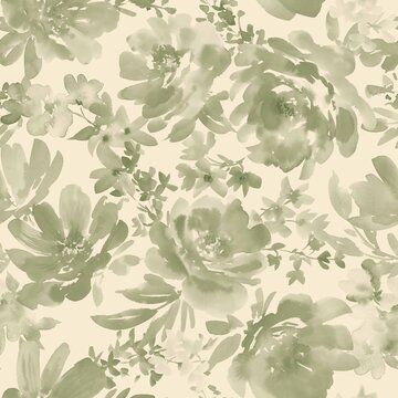 Watercolor Autumn colored botanical seamless pattern with abstract hand painted peonies and wild flowers