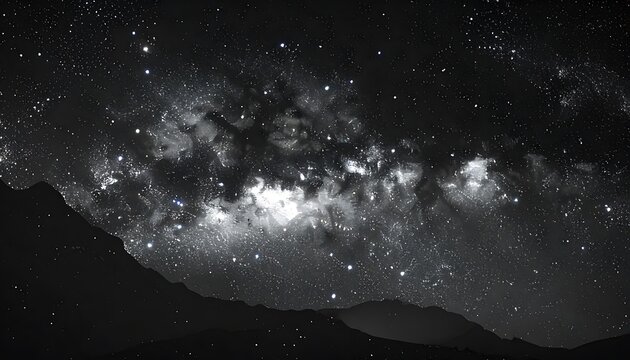 Vast starry night sky over silhouetted mountain ranges, a dark nebula swirled with brilliant stars, cosmic wonder, deep space exploration theme