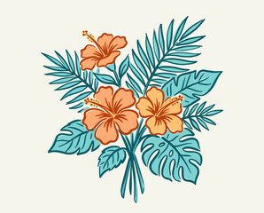 Tropical hibiscus flower illustration, palm leaves, monstera greenery, summer floral print, hawaiian vintage style, botanical artwork © srina