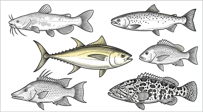 Set of vintage hand drawn engraved fish illustrations including tuna salmon catfish and grouper for seafood menus