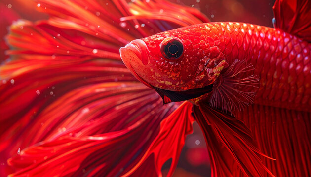 Vibrant red betta fish with flowing fins against dark background
