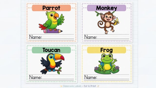 Educational stationary cards showcasing a cheerful parrot monkey toucan and frog for primary school children to practice writing their names while learning about various animals in a fun classroo